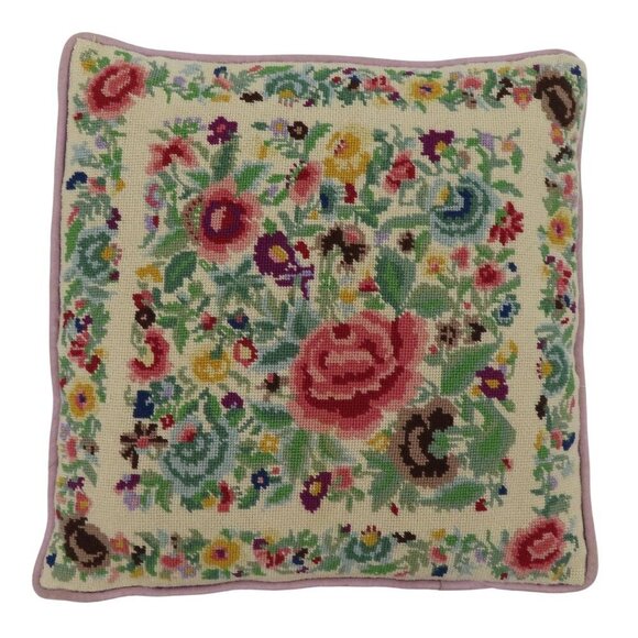 Handmade Multicolor Flower Floral Needlepoint Purple Back Throw Accent Pillow - Picture 1 of 13